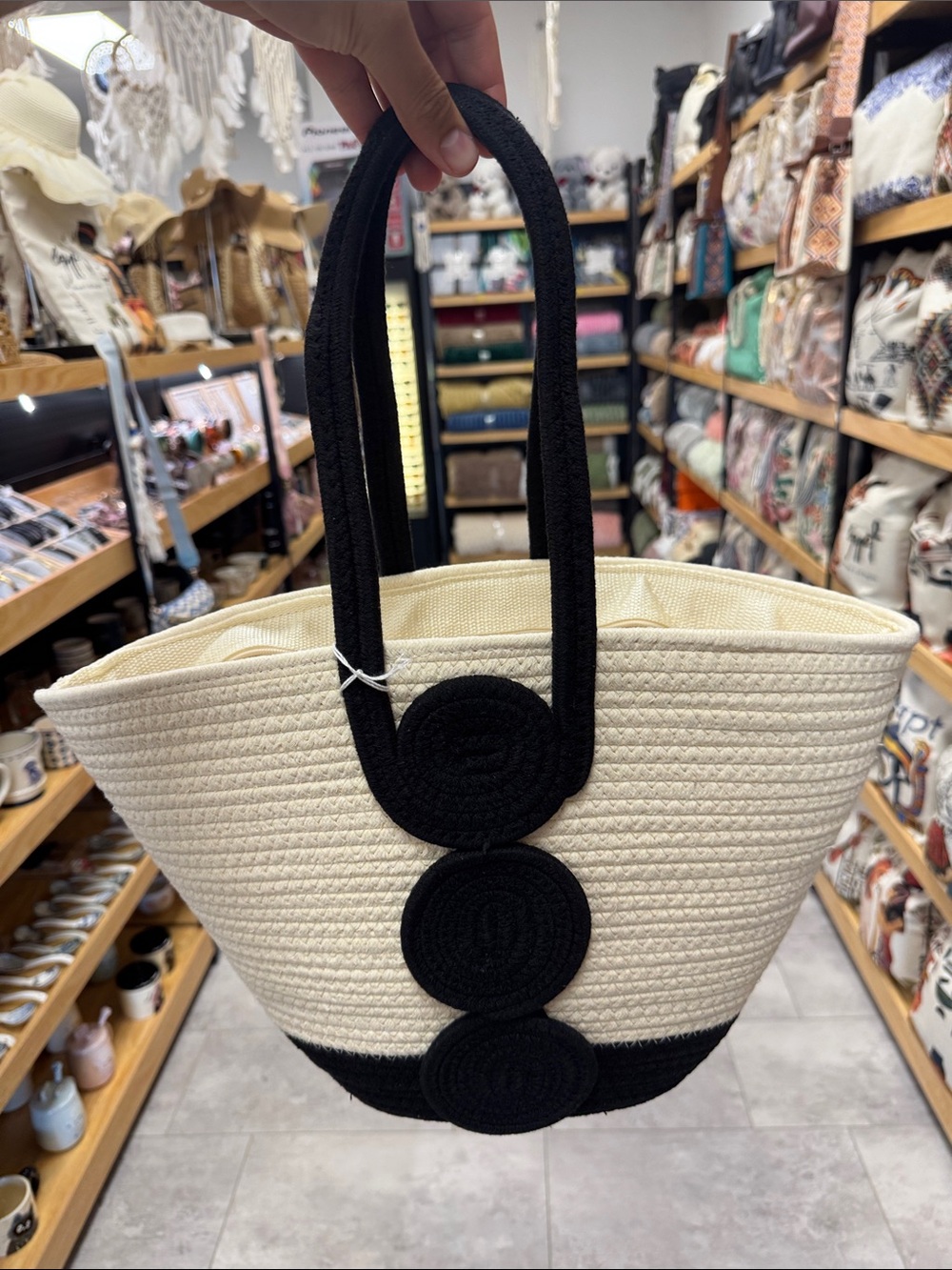 Cream and Black Woven Tote Bag with Decorative Accents